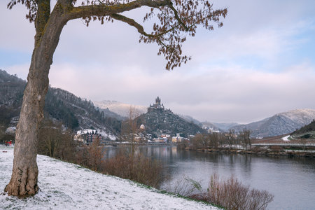 COCHEM, GERMANY - DECEMBER 17, 2022: Panoramic image of Cochem on a cold and foggy winter day on December 17, 2022 in Rhineland-Palatinate, Germanyのeditorial素材