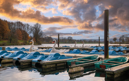 Panoramic image of paddleboats, autumn at the Kemnader lake, North Rhine Westphalia, Germanyの写真素材