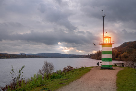 Panoramic image of the lighthouse at the lakeside of Kemnader lake, North Rhine Westphalia, Germanyの写真素材