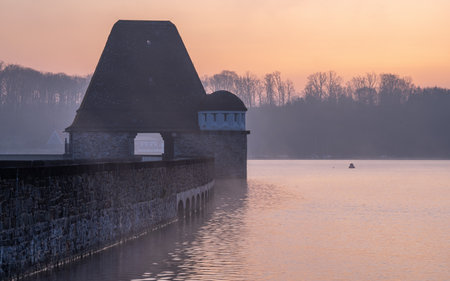 Moehne lake on a cold winter morning, Sauerland, Germanyの写真素材
