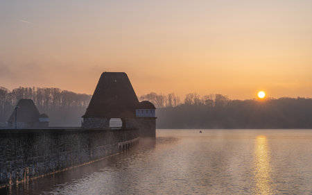 Moehne lake on a cold winter morning, Sauerland, Germanyの写真素材
