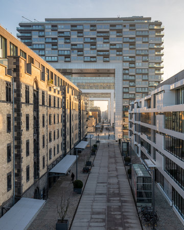 COLOGNE, GERMANY - DECEMBER 15, 2022: Panoramic image of modern buildings in the harbor of Cologne on December 15, 2022 in Germany, Europeのeditorial素材