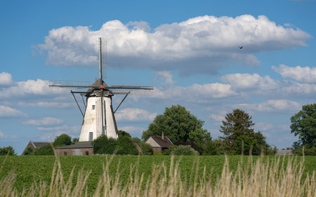 Panoramic image of windmill, Bedburg, North Rhine Westphalia, Germanyの写真素材