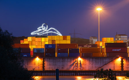 DUISBURG, GERMANY - AUGUST 1, 2023: Tiger and Turtle, landmark of Ruhr Metropolis against sky on August 1, 2023 in Duisburg, Germanyのeditorial素材