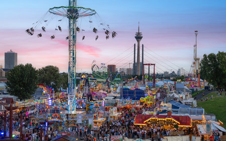 DUSSELDORF, GERMANY - JULY 18, 2023: Panoramic image of Rhine funfair of Dusseldorf on July 18, 2023 in Germany, Europeのeditorial素材