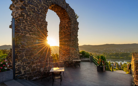 REMAGEN, GERMANY - JULY 7, 2023: Castle ruin Rolandsbogen against sunrise on July 7, 2023 in Remagen, Rhine Valley, Germanyのeditorial素材