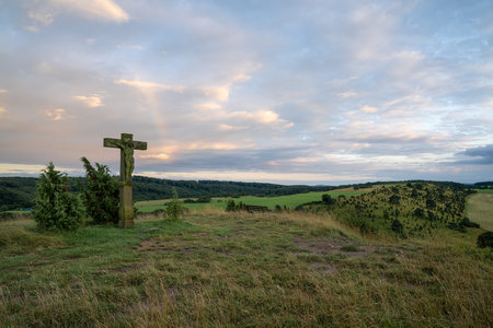 Panoramic image of summer landscape within the Eifel close to Blankenheim during sunrise, North Rhine Westphalia, Germanyの写真素材