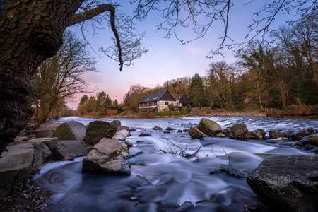 Panoramic image of the Wipperkotten close to the Wupper river during autumn, Solingen, Germanyの写真素材