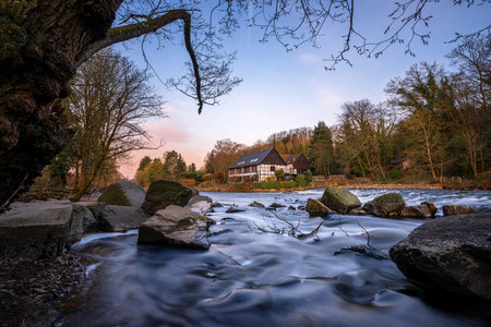 Panoramic image of the Wipperkotten close to the Wupper river during autumn, Solingen, Germanyの写真素材