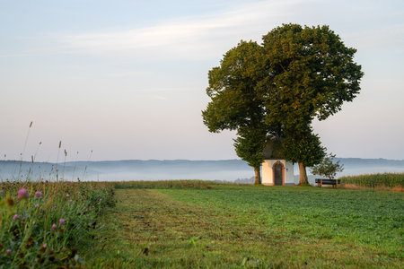 Panoramic image of small chapel in Lommersdorf close to Blankenheim, Eifel, Rhineland-Palatinate, Germanyの写真素材