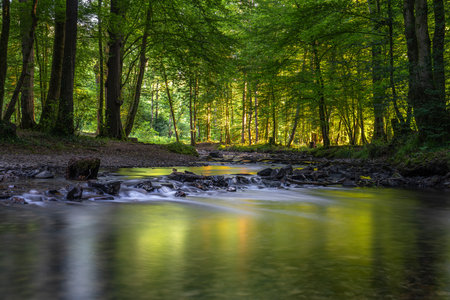 Panoramic image of landscape close to Odenthal during sunrise, Bergisches Land, North Rhine...