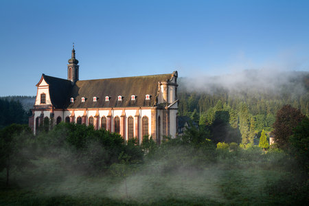 Himmerod, Germany - July 28, 2024: Panoramic image of monastery church Himmerod in morning light on July 28, 2024 in Rhineland-Palatinate, Germanyのeditorial素材