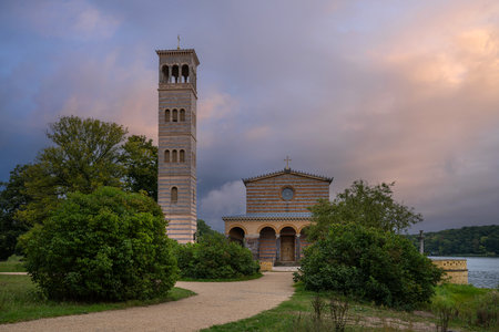 Sacrow, Germany - September 19, 2025: Panoramic image of Sacrow church at morning hours on September 19, 2025 in Brandenburg, Germanyのeditorial素材