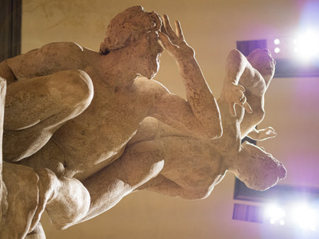 The Rape of the Sabine Women, an iconic marble masterpiece by Giambologna, stands in Florence s Loggia dei Lanzi. This dynamic Renaissance sculpture depicts a dramatic scene of abduction, symbolizing power and passion. The intricate details and fluid movement showcase Giambolognas unparalleled skill, making it a cornerstone of Western art historyの写真素材