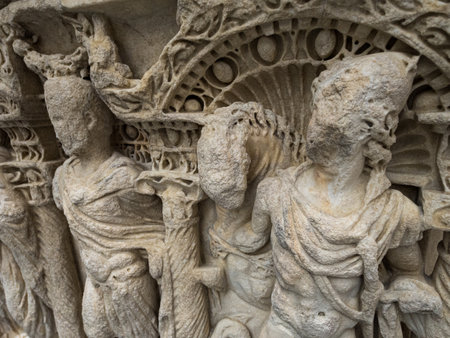 Italy Florence December 14 2015 A detailed close-up of ancient stone relief sculptures displayed at...