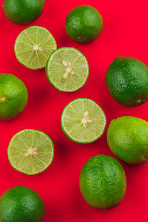 Limones maduros color verde en fondo rojo para fondos, limones maduros en un fondo de color rojo algunos estÃ¡n partidos por la mitad mostrando lo saludables que sonの写真素材