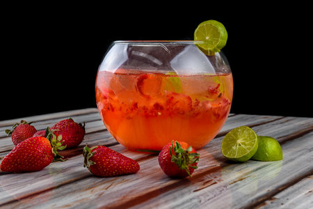 Red drink made with strawberries and lemon in a very large glassの写真素材