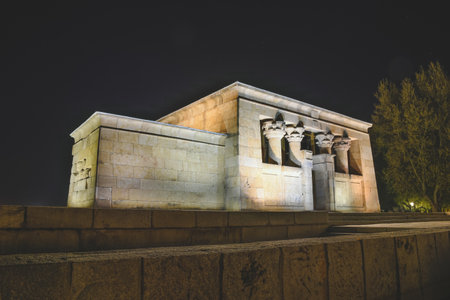 Madrid, Spain March 27, 2019. Night view of the rebuilt Temple of Debod an Egyptian temple that was...