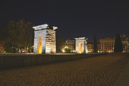 Madrid, Spain March 27, 2019. Night view of the rebuilt Temple of "Debod" an Egyptian temple that was a gift from Egypt to Spainのeditorial素材