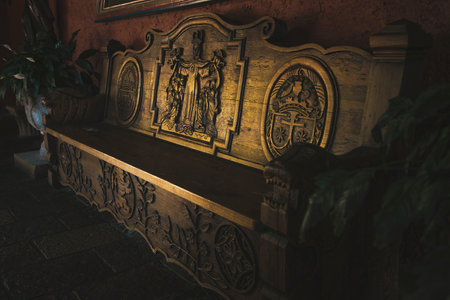 Mexico, Valle de Bravo March 26, 2021, view of the interior of the "Casa De OraciÃ³n Carmel Maranatha" a house of prayer, there is a wooden bench, a place of meditationのeditorial素材