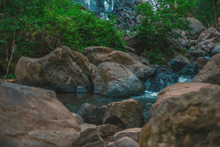 Mexico, Valle de Bravo, Panoramic view of the beautiful natural waterfall Velo de Novia surrounded...