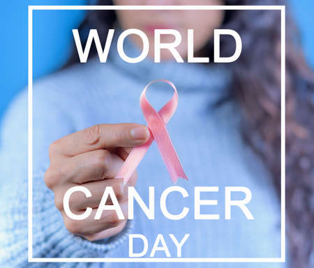 Woman with ribbon in her hand, Cervical Cancer Awareness Month. Text with the legend: world cancer...