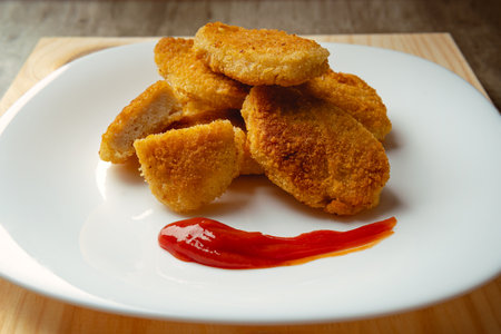 Chicken nuggets with crispy fried bread, wooden bottom. Tasty chicken nuggets. with some tomato...