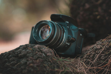 Digital camera with a retro lens, has space for writing, no people.の写真素材