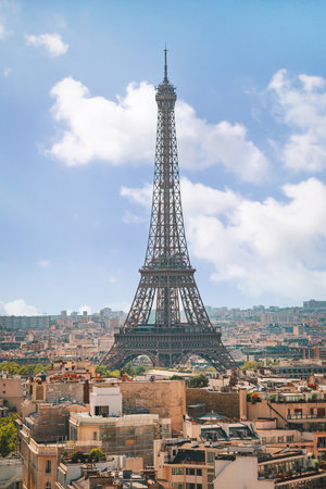 High-resolution aerial photograph of Paris, France, taken from the Arc de Triomphe. In the...
