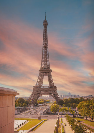 Close-up photograph of the Eiffel Tower, France. Beautiful sunset on a summer day.の写真素材