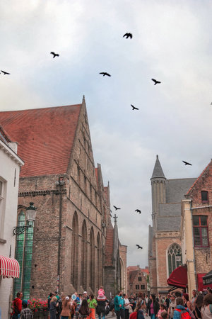 Bruges, Belgium. Brugge. View of a typical street in the town of Bruges, showing the architecture of the houses.の写真素材