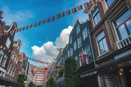 August 20, 2025, Amsterdam, Netherlands. The city is known for being LGBT-friendly, with LGBT+ flags flying on buildings.のeditorial素材