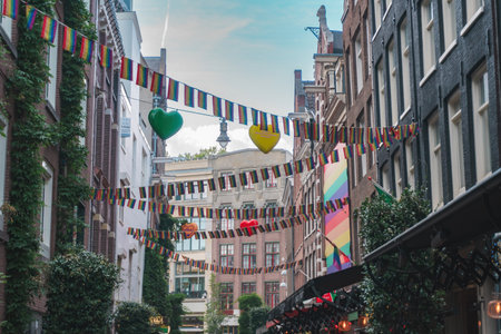 August 20, 2025, Amsterdam, Netherlands. The city is known for being LGBT-friendly, with LGBT+ flags flying on buildings.のeditorial素材