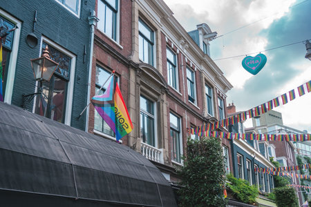 August 20, 2025, Amsterdam, Netherlands. The city is known for being LGBT-friendly, with LGBT+ flags flying on buildings.のeditorial素材