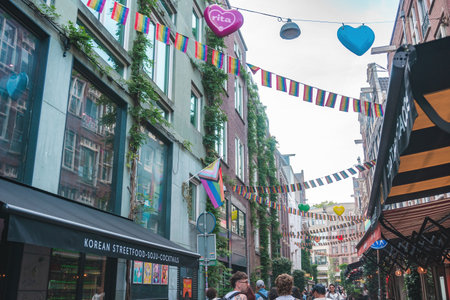 August 20, 2025, Amsterdam, Netherlands. The city is known for being LGBT-friendly, with LGBT+ flags flying on buildings.のeditorial素材