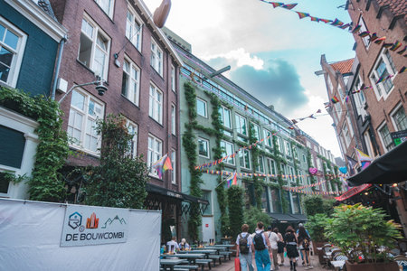 August 20, 2025, Amsterdam, Netherlands. The city is known for being LGBT-friendly, with LGBT+ flags flying on buildings.のeditorial素材