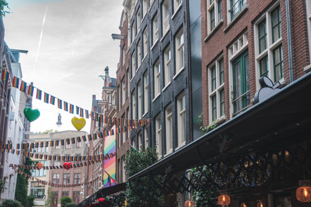 August 20, 2025, Amsterdam, Netherlands. The city is known for being LGBT-friendly, with LGBT+ flags flying on buildings.のeditorial素材