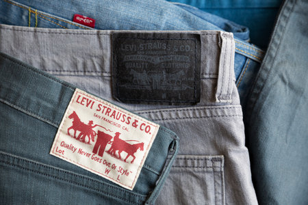 MADRID, SPAIN - APRIL 3, 2022: Close up of the back of various Levi's jeans. Detail of different labels with the logo of the world famous American clothing brand Levi Strauss & Co. Founded in 1853.のeditorial素材