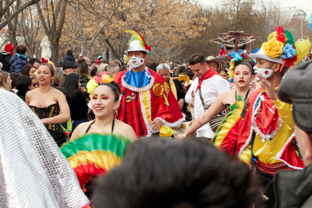 Madrid, Spain- 02-18-2023: Traditional carnival parade. This is the first carnival celebration after the pandemic.のeditorial素材