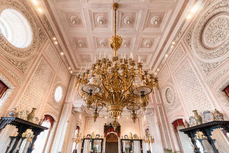 Queluz, Portugal - December 7, 2017: Chandelier in the Great Hall, was King Ferdinand's main space for hosting receptions. Room inside the Romanticist Pena Palaceのeditorial素材