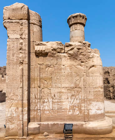 Columns with hieroglyphs and polychromy at Edfu Temple, Dedicated to the Falcon God Horus, Located on the west bank of the Nile, Edfu, Upper Egyptの写真素材