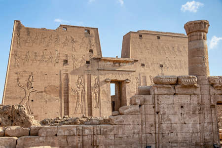 Edfu temple, Dedicated to the Falcon God Horus, Located on the west bank of the Nile, Edfu, Upper Egyptの写真素材