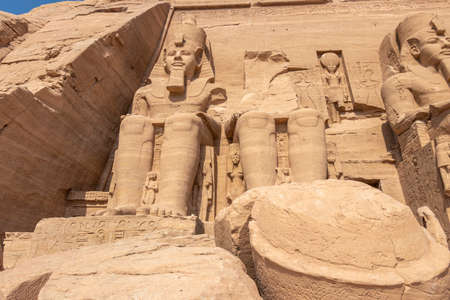 Detail of exterior temple of Abu Simbel, the Great Temple of Ramesses II, Egyptの写真素材