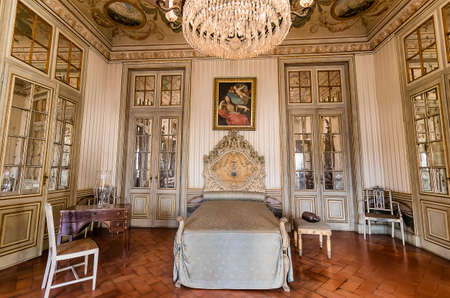 Queluz, Portugal - December 9, 2017: Apartments of Princess, Bedroom in Queluz Royal Palace. Formerly used as the Summer residence by the Portuguese royal family.のeditorial素材