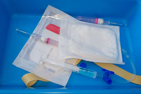 Huelva, Spain - June 6, 2020: A tray of intravenous cannula ready to be used with a patientのeditorial素材