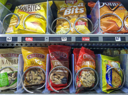 Huelva, Spain - June 6, 2020: Vending Machines for food and drinks inside the hospital Costa de la Luz in Huelvaのeditorial素材