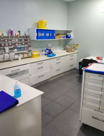 Huelva, Spain - June 6, 2020: Nurses room with medications for the patients inside the hospital Costa de la Luz in Huelvaのeditorial素材