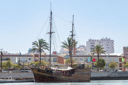 Portimao, Portugal - July 11, 2020: Santa Bernarda Pirate Ship, Portuguese touristic ship moored in Portimaoのeditorial素材