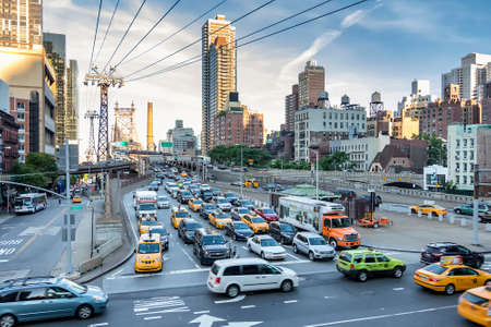 New York City, USA - June 11, 2017: Traffic jam in Ed Koch Queensboro Bridge at sunset, New York...