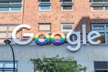 New York City, USA - June 12, 2017: Google logo in exterior of a Google headquarters building. New York, USAのeditorial素材